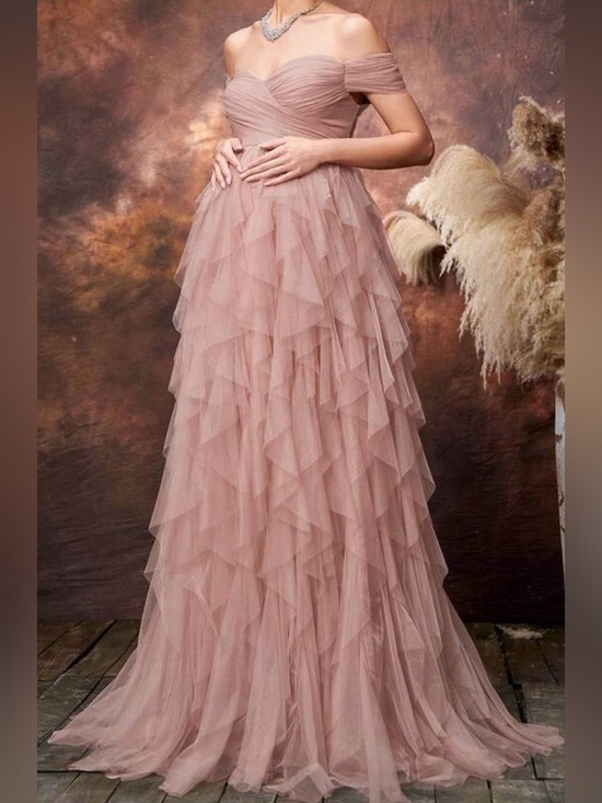 Dresses & Skirts - Dusty Pink Off-Shoulder Long Tulle Dress